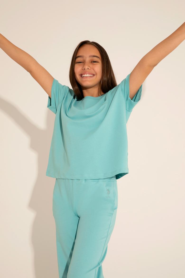 Kız Çocuk Mint Bisiklet Yaka Tişört - 50288124022