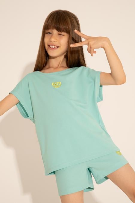 Kız Çocuk Mint Bisiklet Yaka Tişört