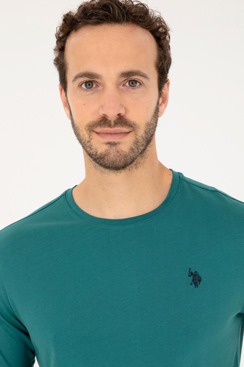 Erkek Regular Fit Bisiklet Yaka Koyu Yeşil Basic Tişört