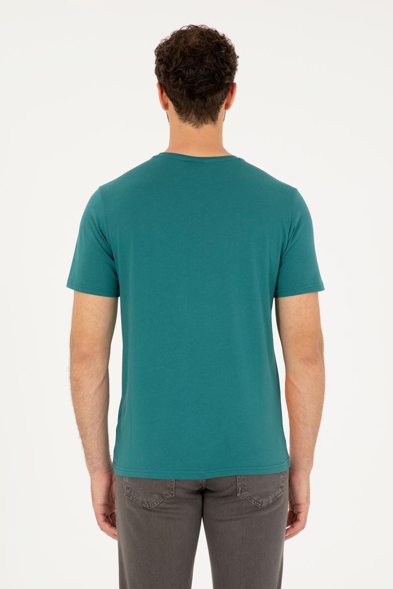 Erkek Regular Fit Bisiklet Yaka Koyu Yeşil Basic Tişört - 50279632096