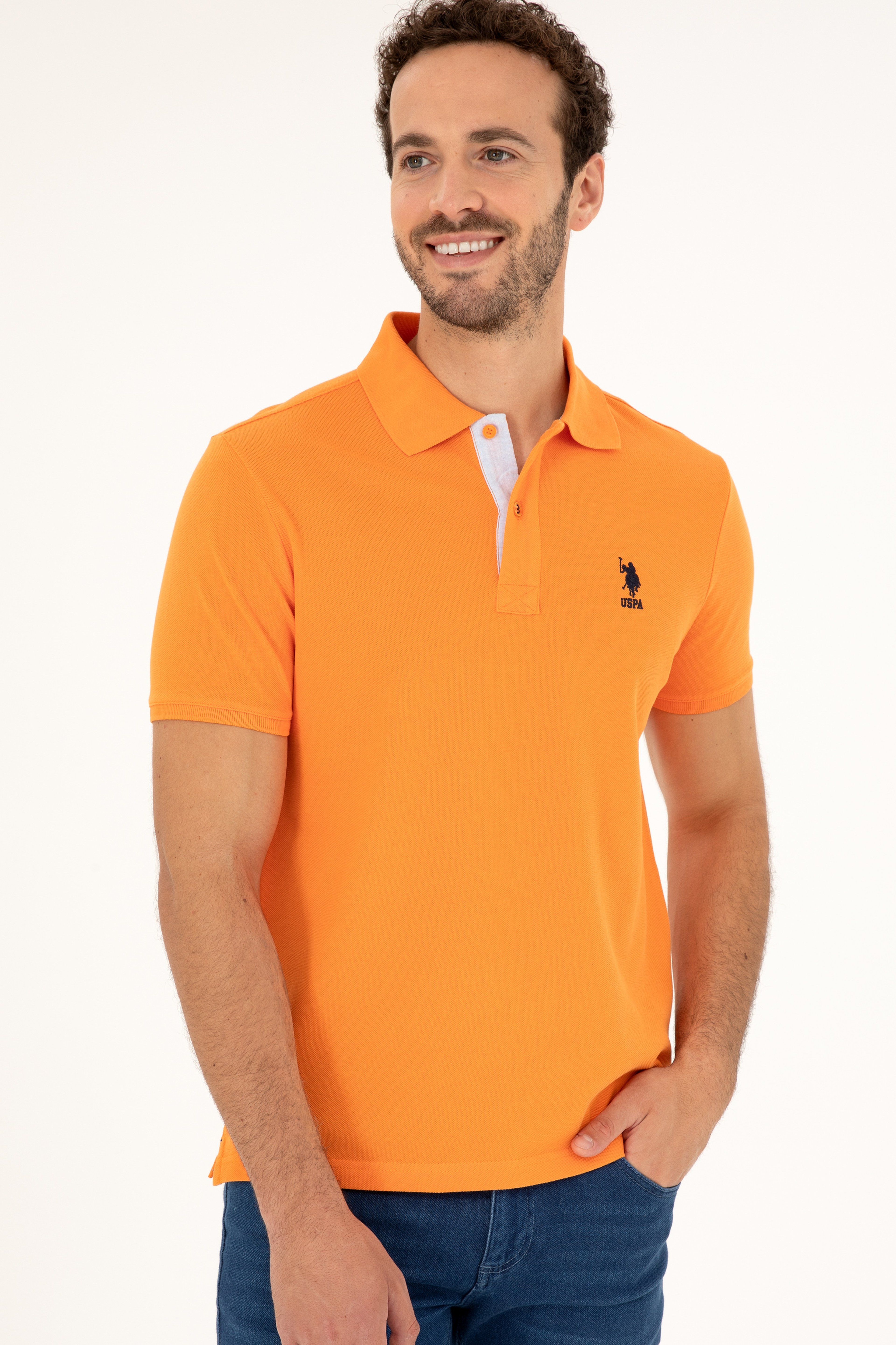 Erkek Regular Fit Polo Yaka Turuncu Basic Tişört - Image 1
