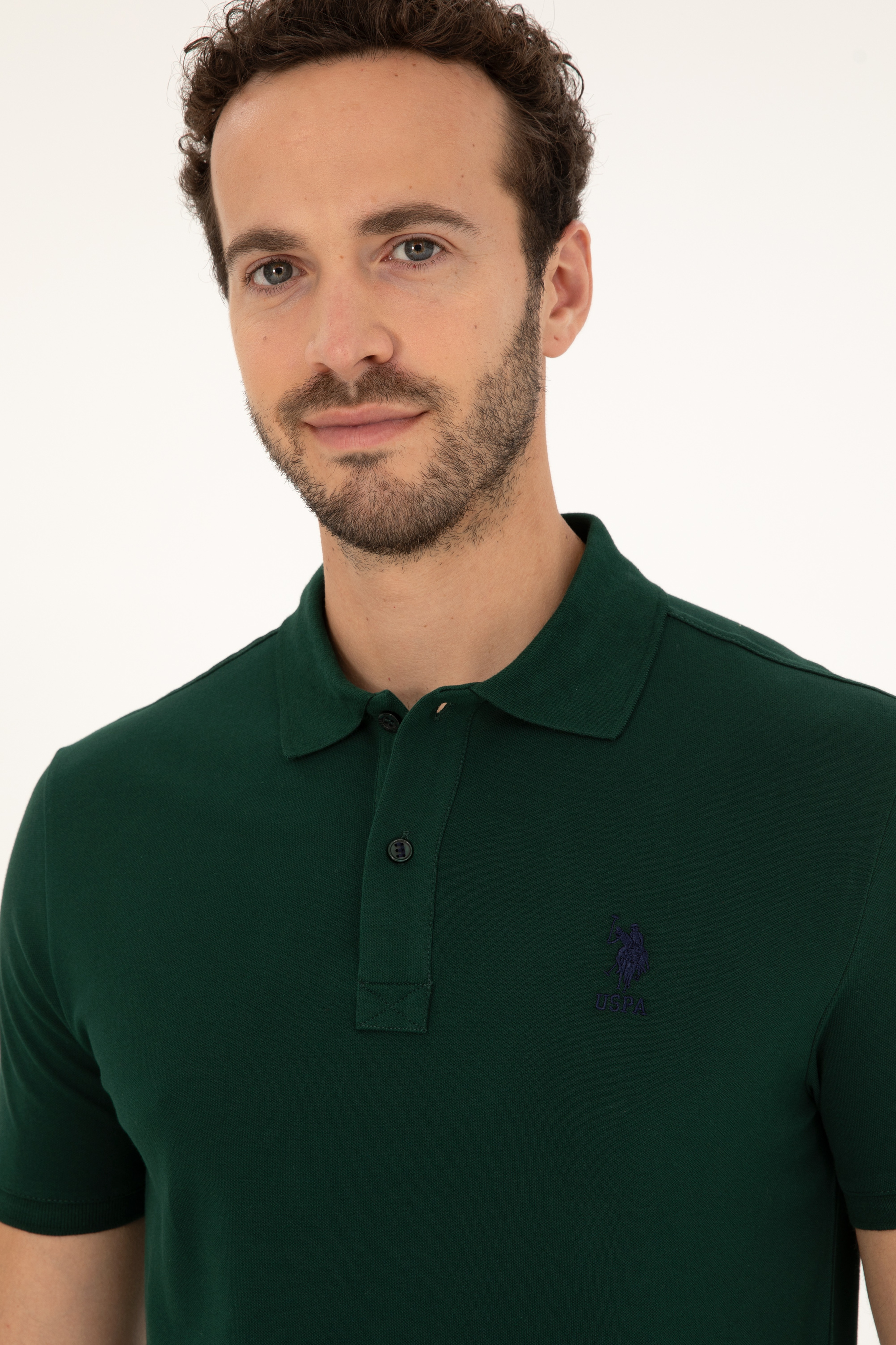 Erkek Slim Fit Polo Yaka Koyu Yeşil Basic Tişört