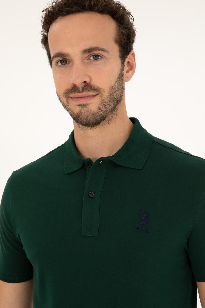 Erkek Slim Fit Polo Yaka Koyu Yeşil Basic Tişört