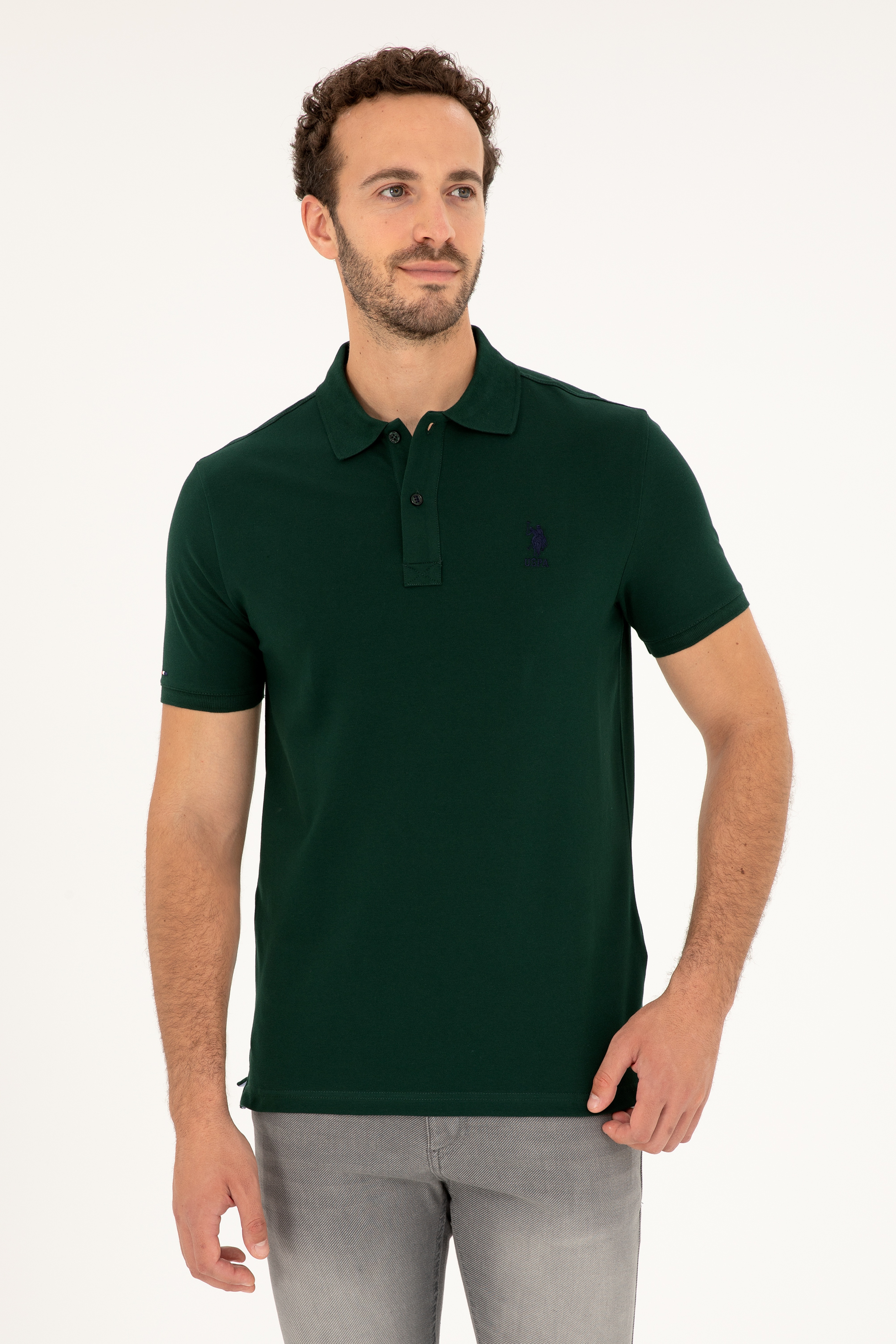 Erkek Slim Fit Polo Yaka Koyu Yeşil Basic Tişört