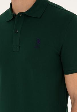 Erkek Slim Fit Polo Yaka Koyu Yeşil Basic Tişört - 50279581163