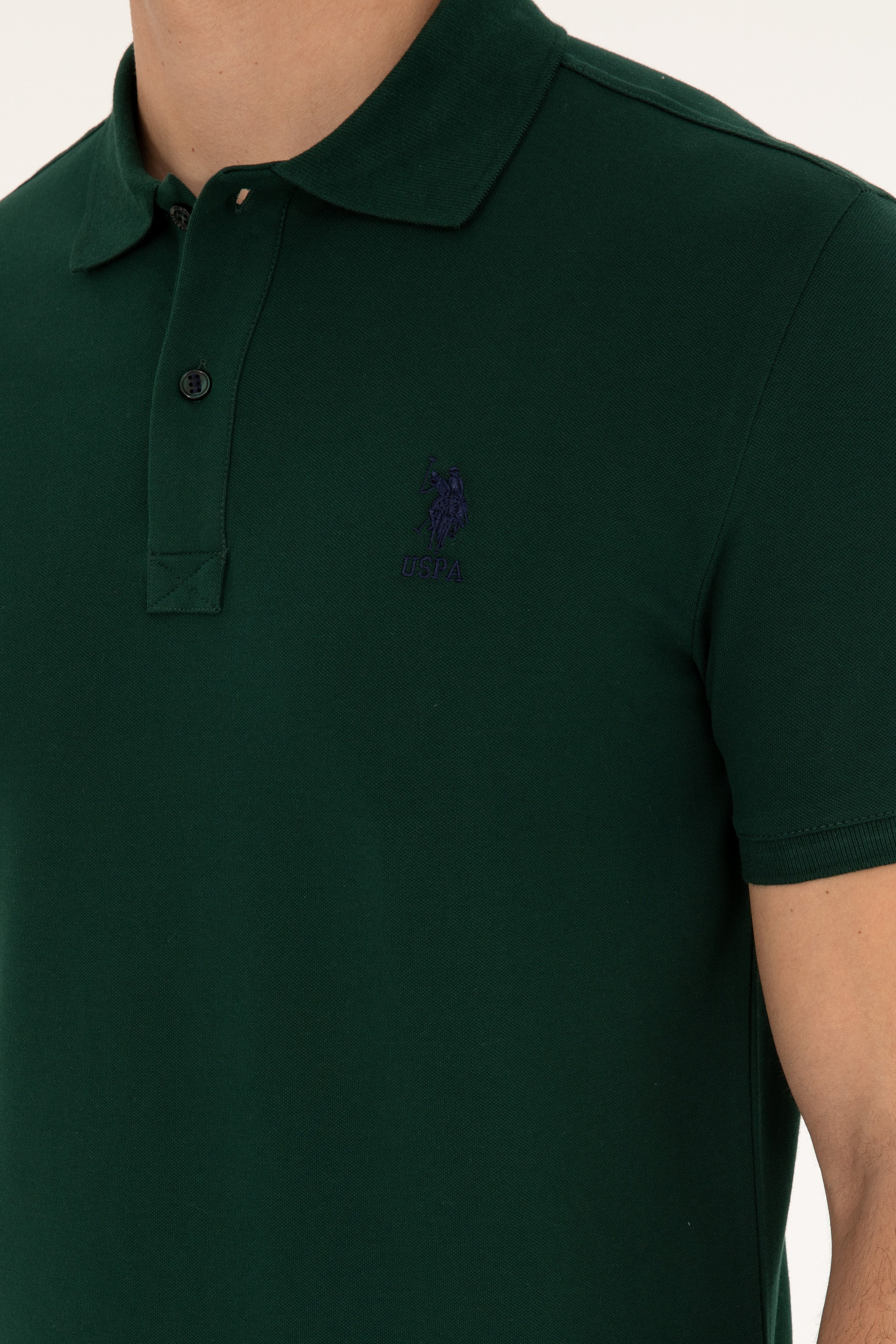 Erkek Slim Fit Polo Yaka Koyu Yeşil Basic Tişört - Image 7
