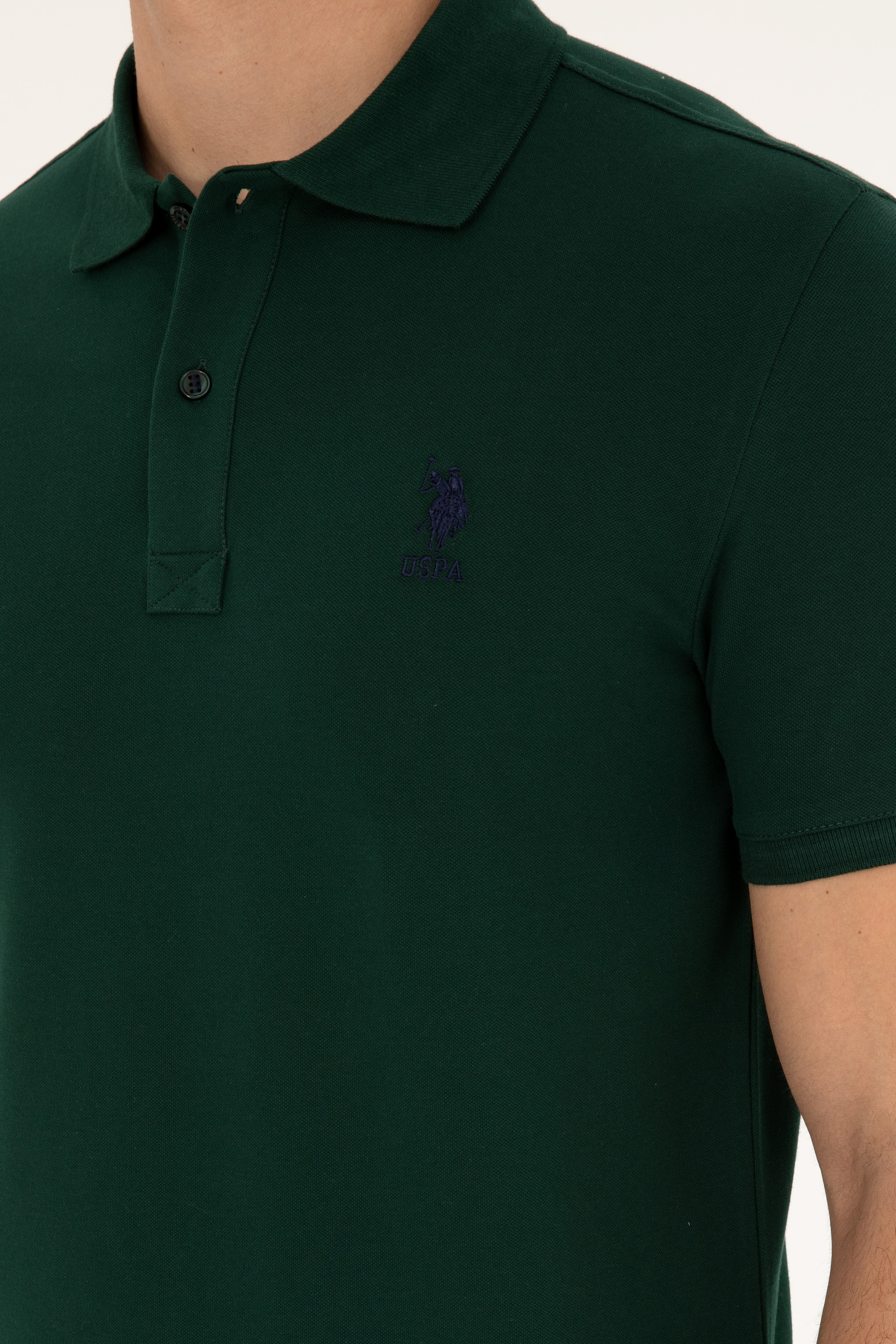 Erkek Slim Fit Polo Yaka Koyu Yeşil Basic Tişört