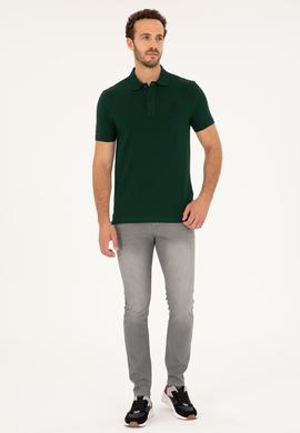 Erkek Slim Fit Polo Yaka Koyu Yeşil Basic Tişört - 50279581163