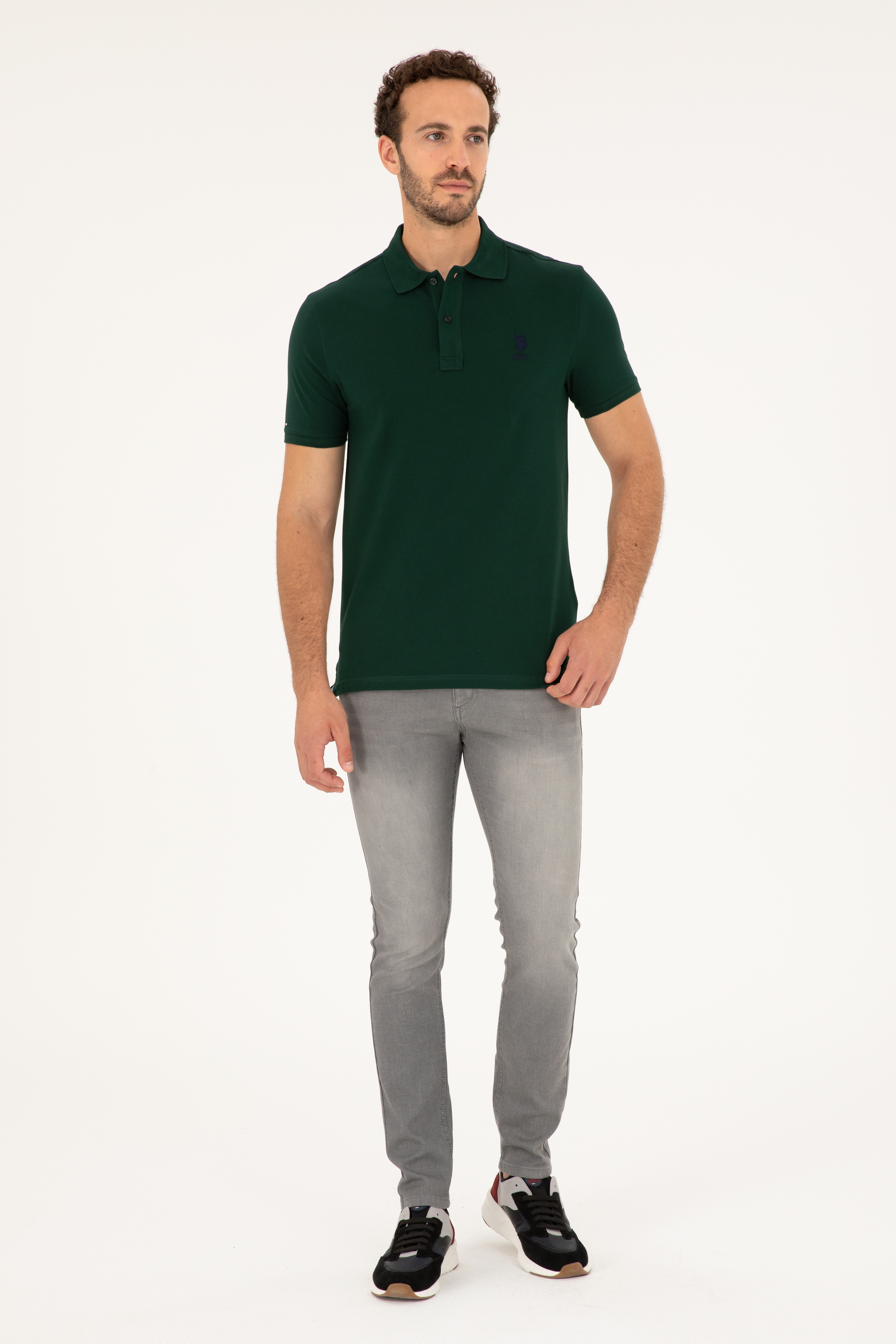 Erkek Slim Fit Polo Yaka Koyu Yeşil Basic Tişört - Image 4