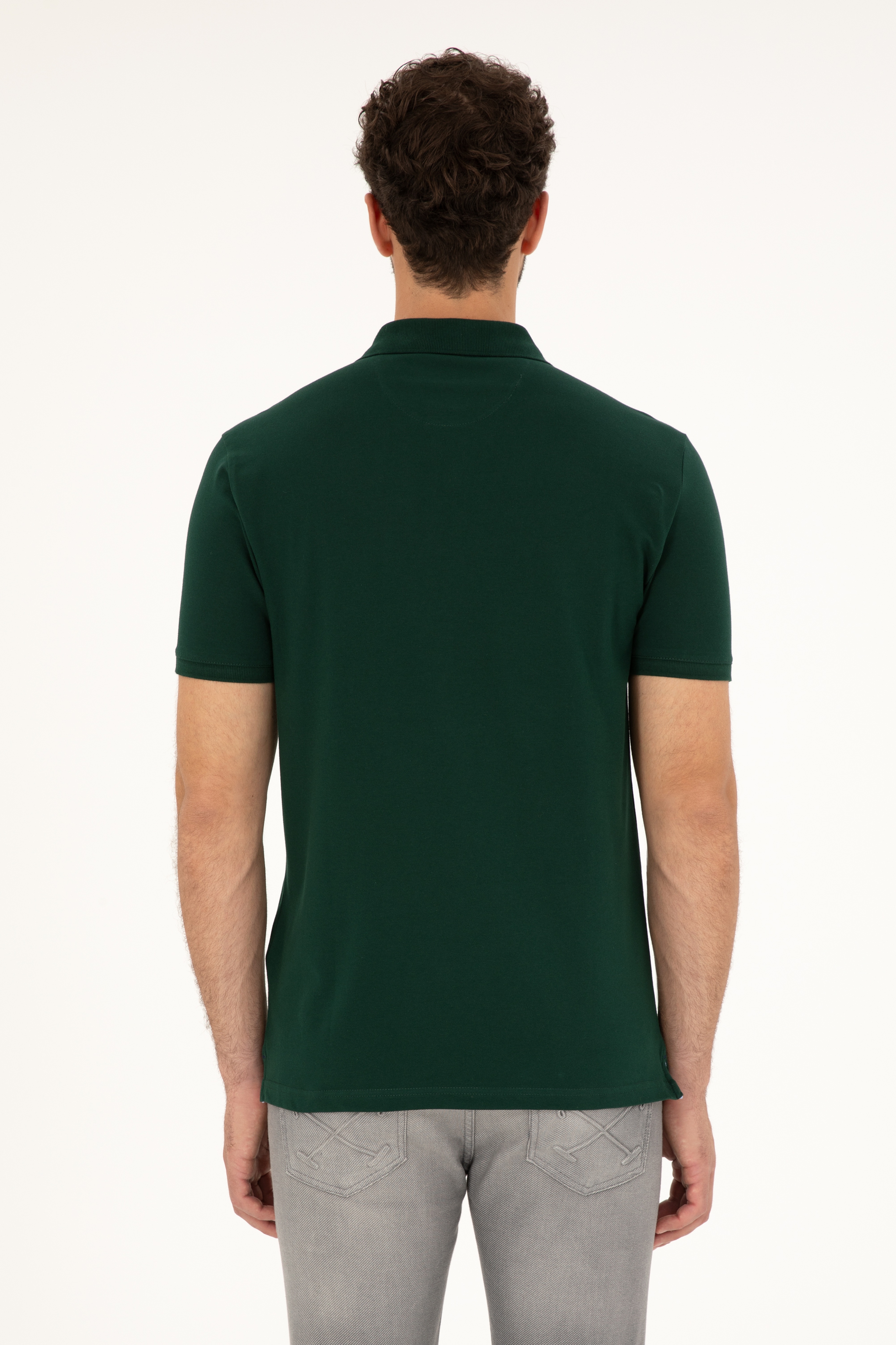 Erkek Slim Fit Polo Yaka Koyu Yeşil Basic Tişört