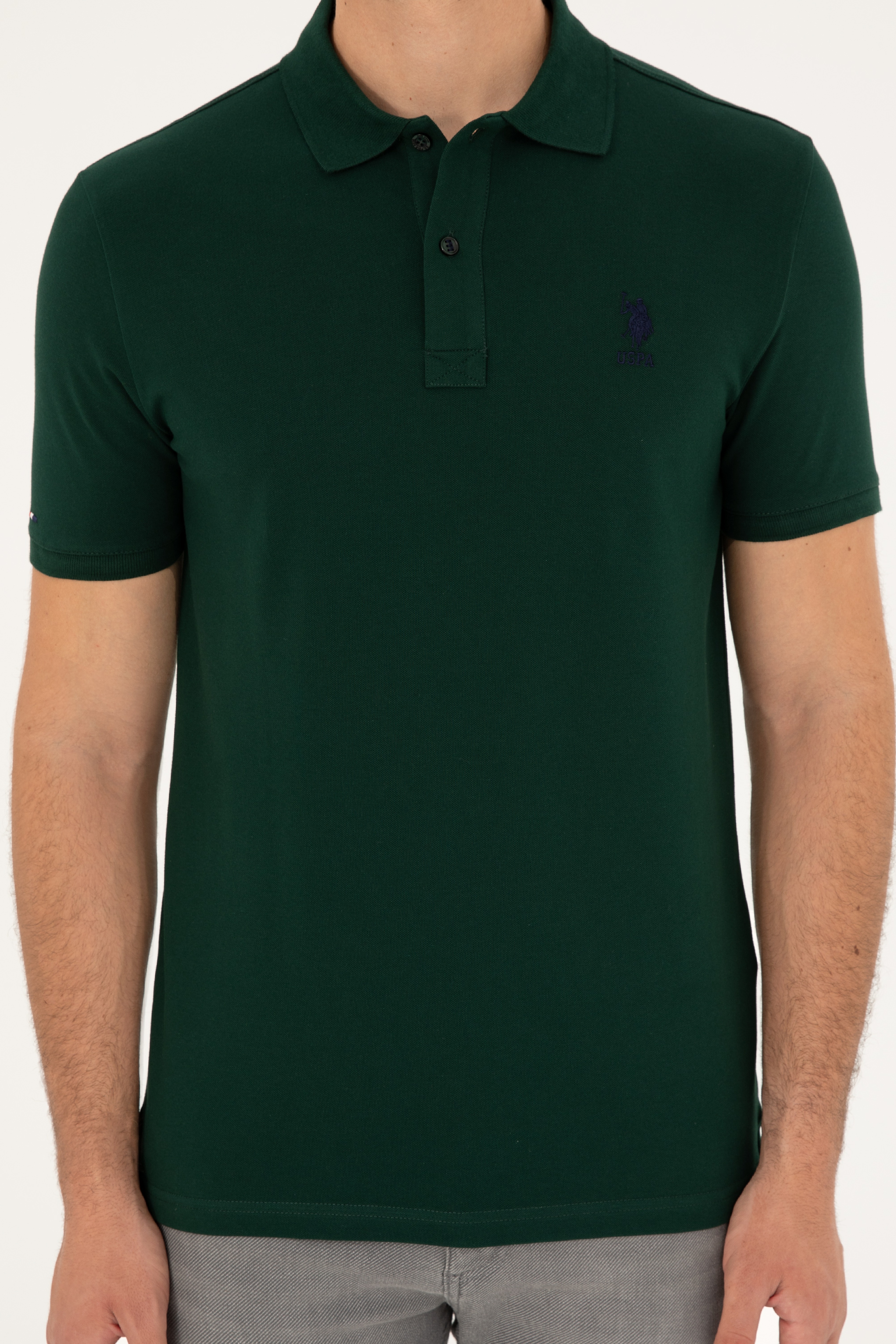 Erkek Slim Fit Polo Yaka Koyu Yeşil Basic Tişört - Image 6