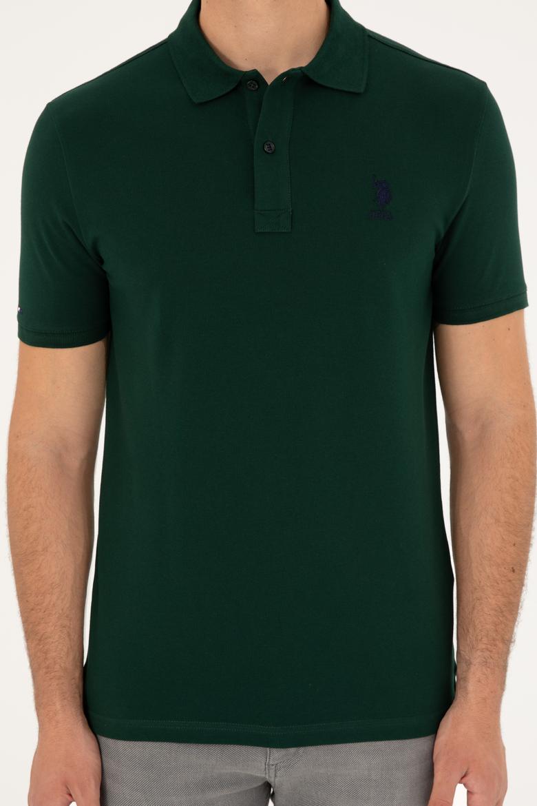 Erkek Slim Fit Polo Yaka Koyu Yeşil Basic Tişört - 50279581163