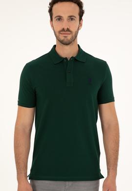 Erkek Slim Fit Polo Yaka Koyu Yeşil Basic Tişört - 50279581163