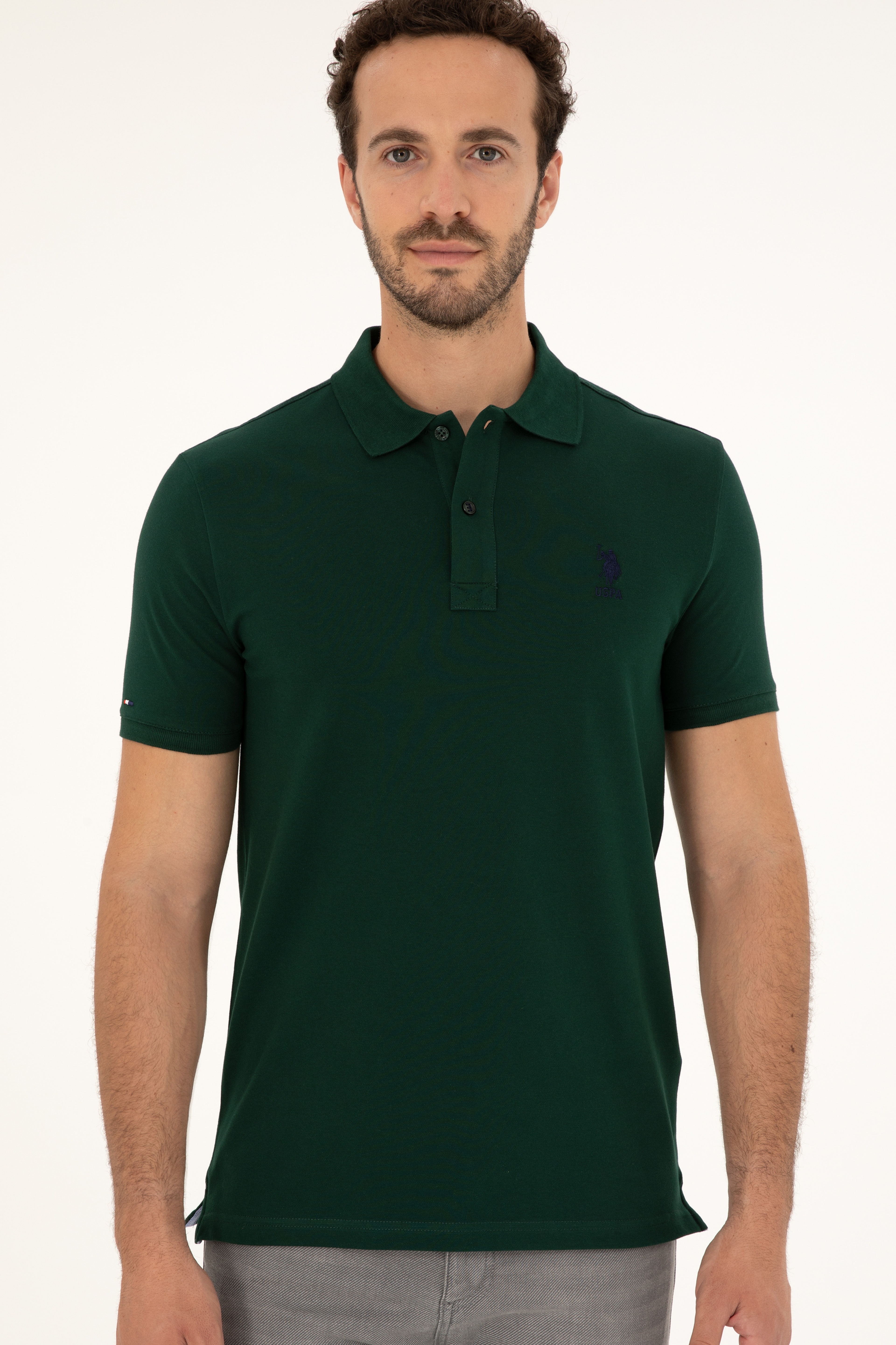 Erkek Slim Fit Polo Yaka Koyu Yeşil Basic Tişört