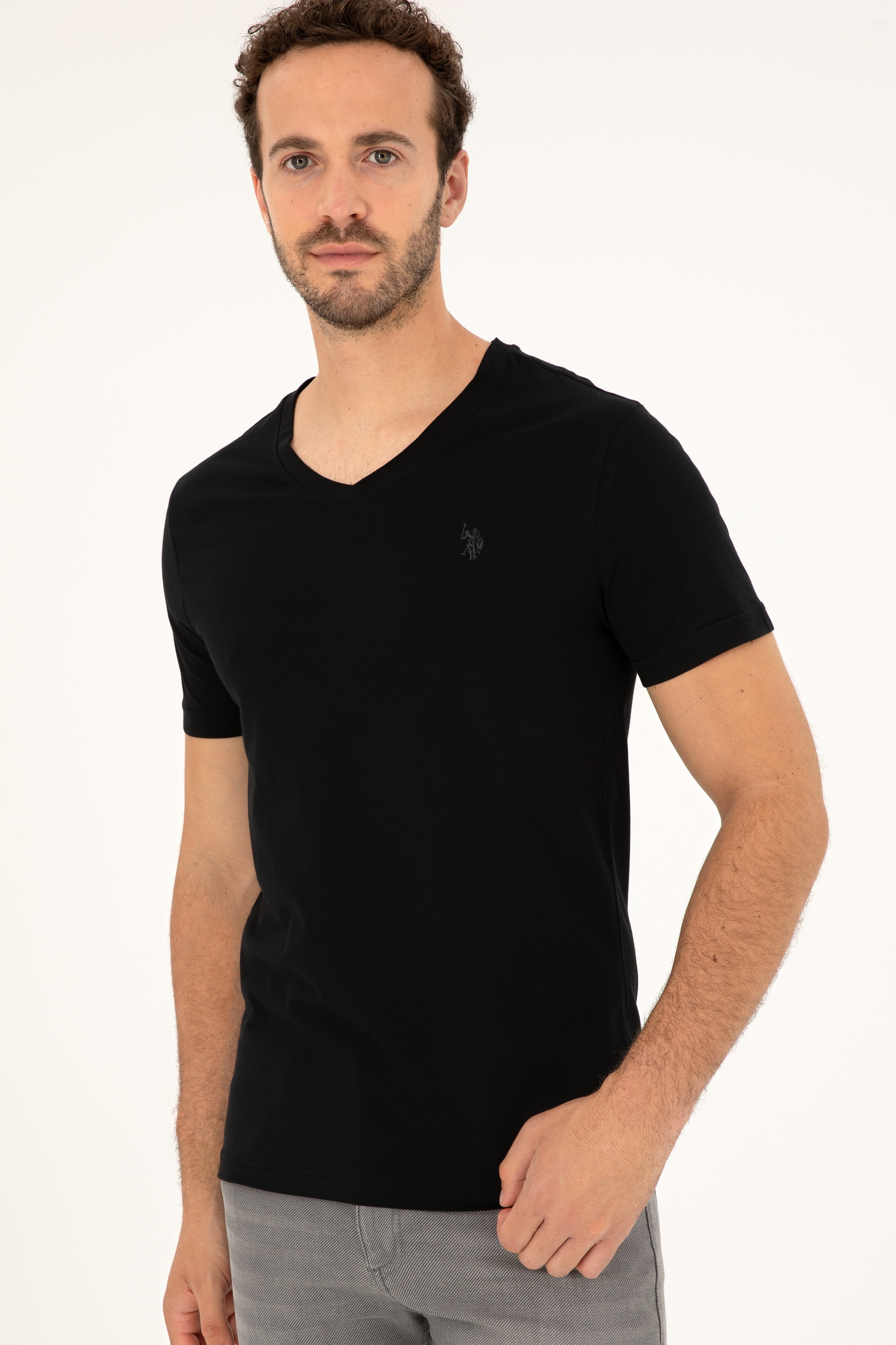 Erkek Slim Fit V Yaka Siyah Basic Tişört