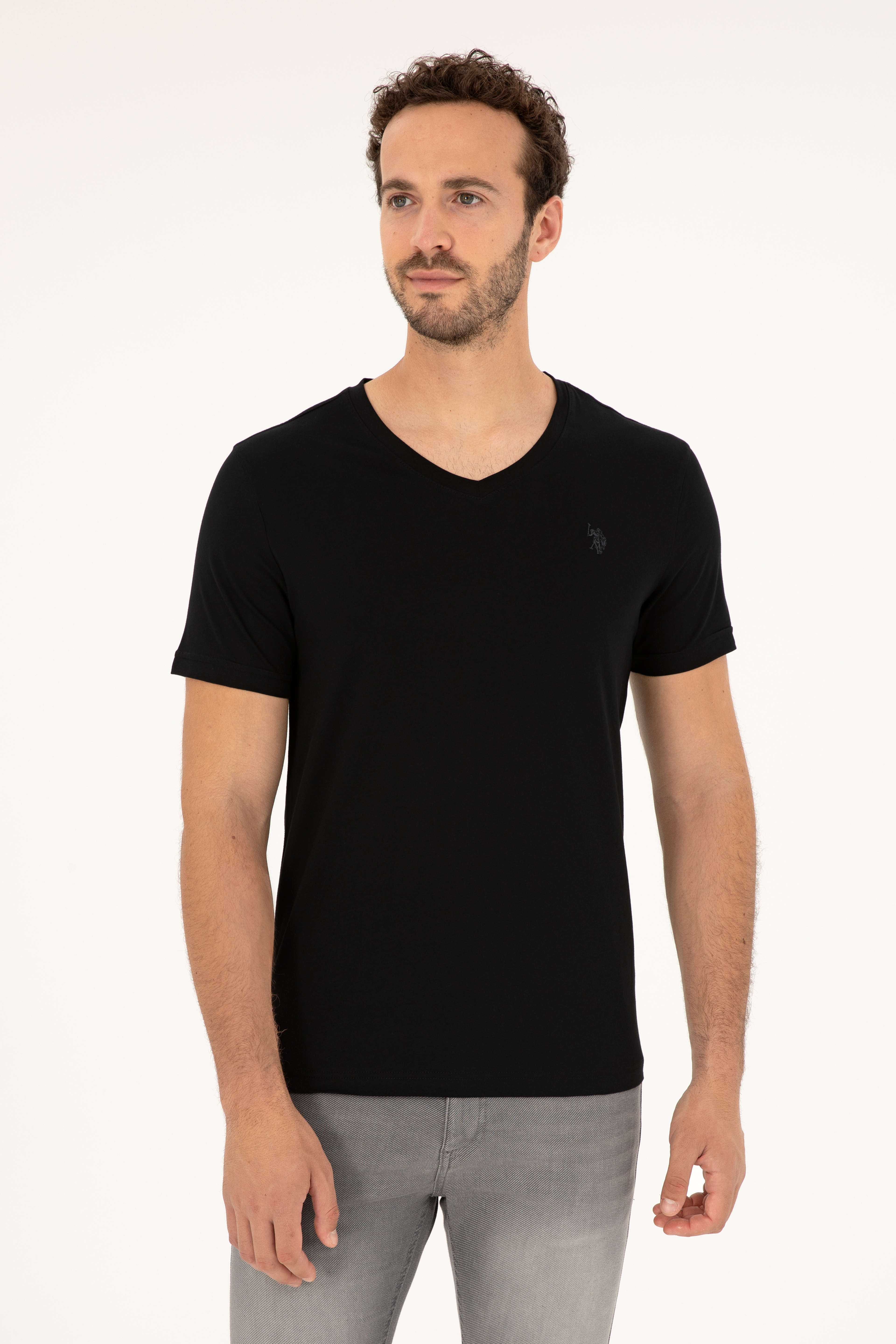 Erkek Slim Fit V Yaka Siyah Basic Tişört - Image 1