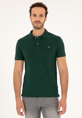 Erkek Slim Fit Polo Yaka Koyu Yeşil Basic Tişört - 50279610085