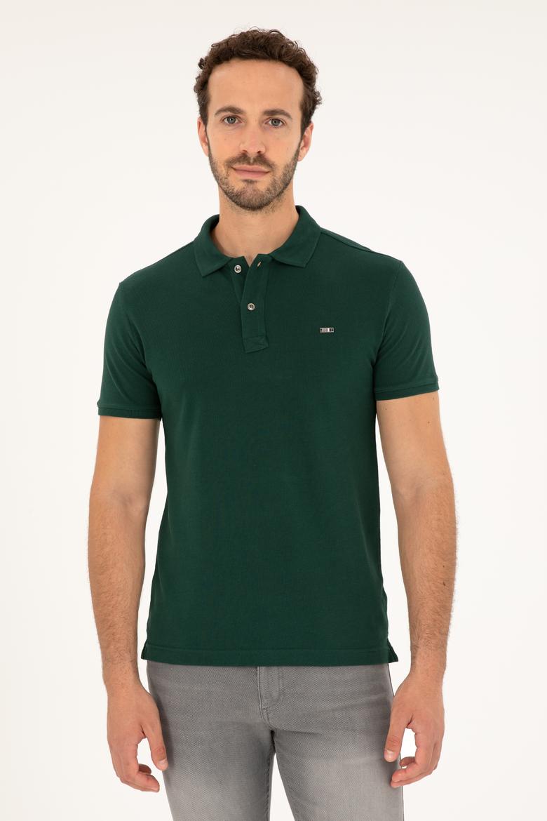 Erkek Slim Fit Polo Yaka Koyu Yeşil Basic Tişört