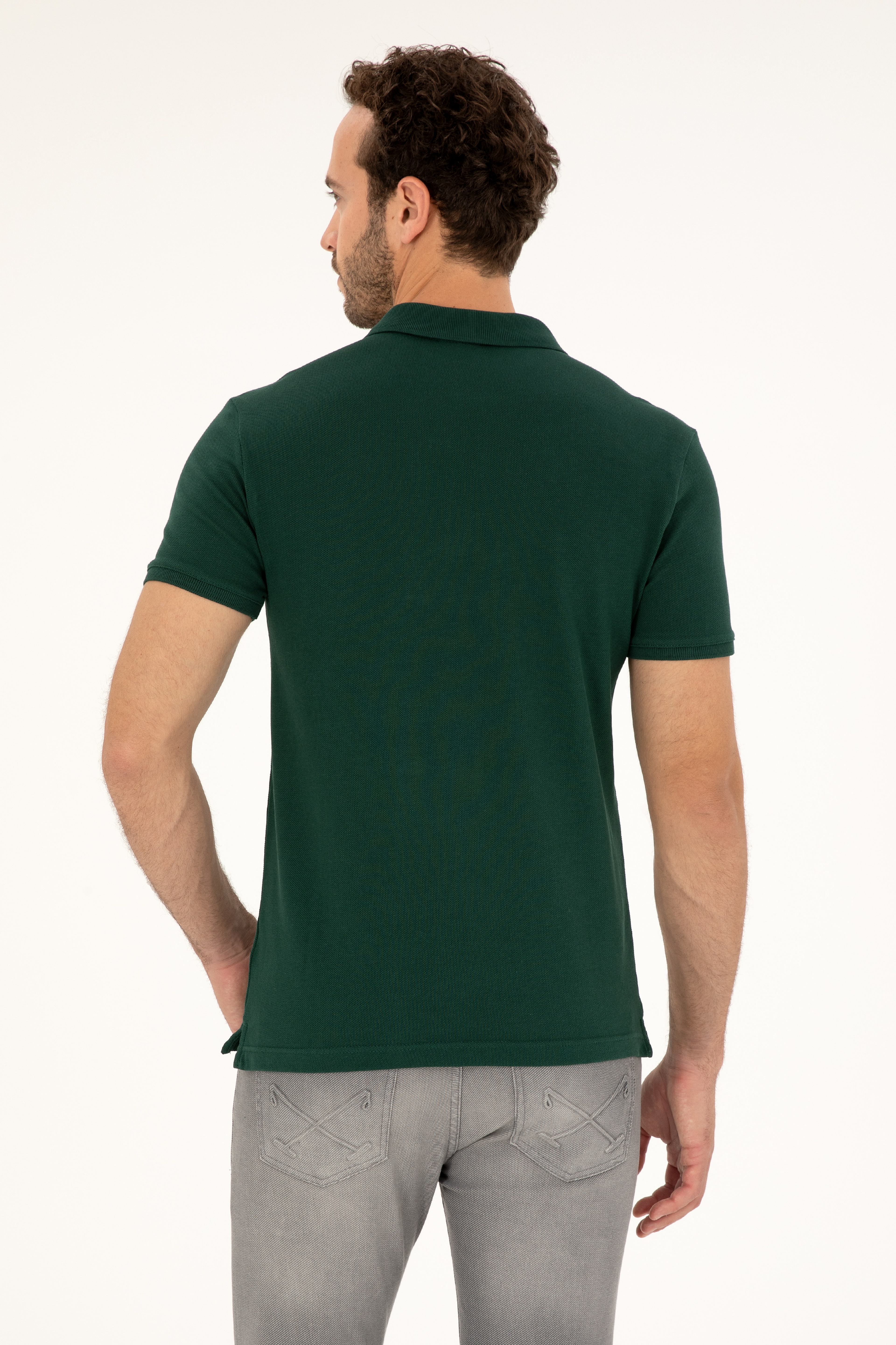 Erkek Slim Fit Polo Yaka Koyu Yeşil Basic Tişört - Image 5