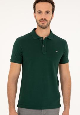 Erkek Slim Fit Polo Yaka Koyu Yeşil Basic Tişört - 50279610085