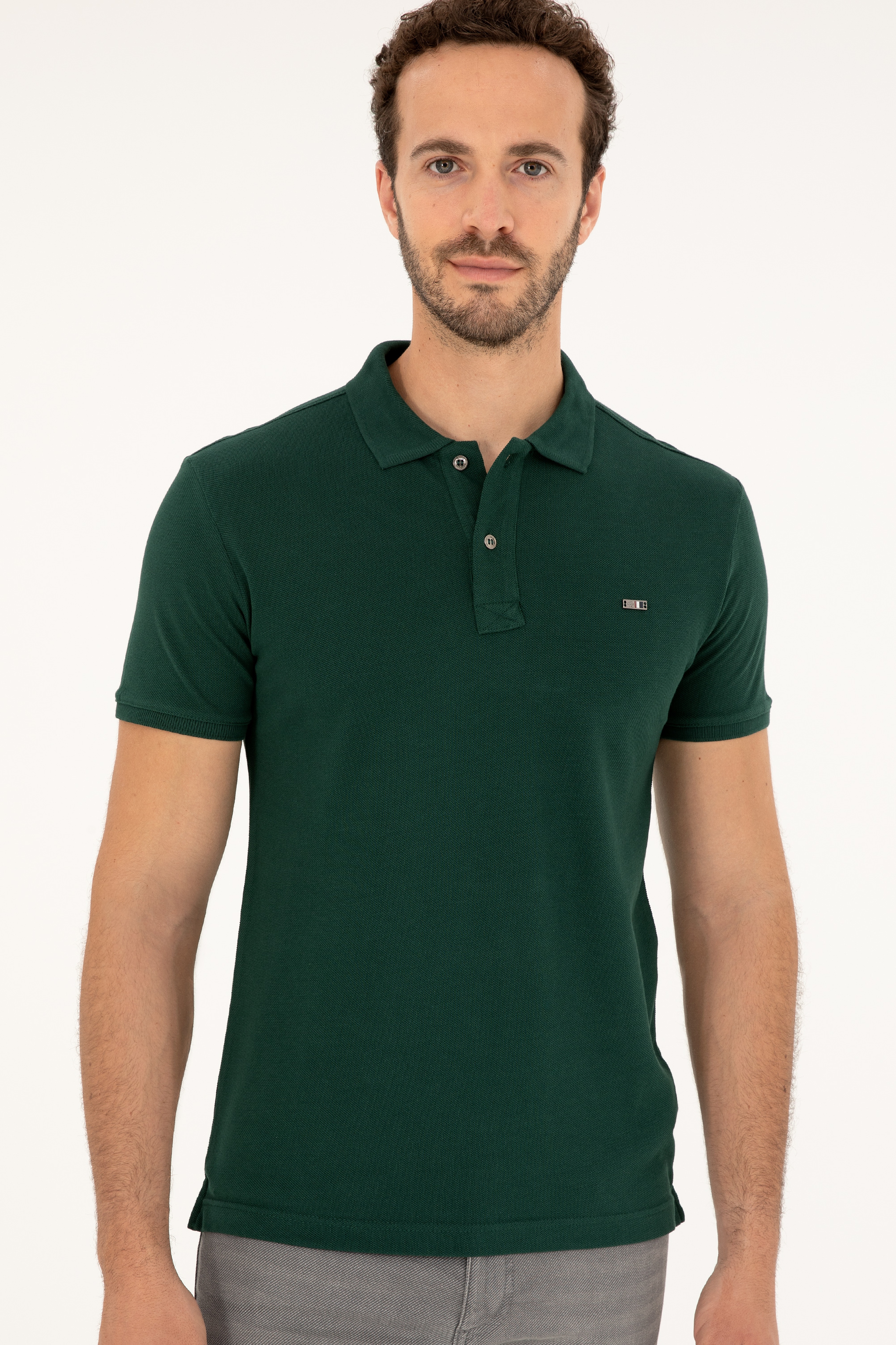 Erkek Slim Fit Polo Yaka Koyu Yeşil Basic Tişört