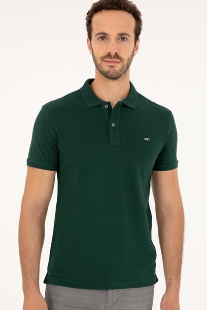 Erkek Slim Fit Polo Yaka Koyu Yeşil Basic Tişört