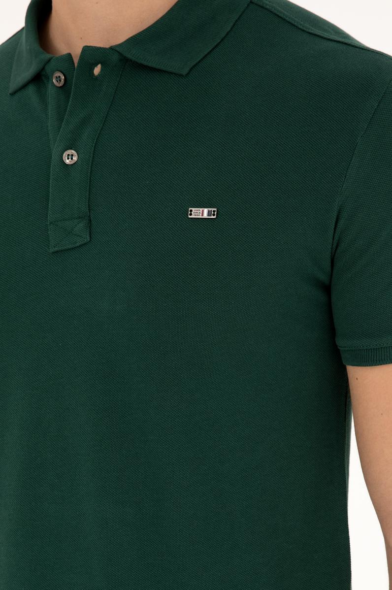 Erkek Slim Fit Polo Yaka Koyu Yeşil Basic Tişört