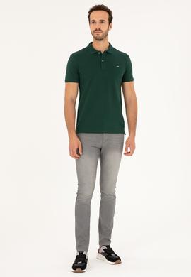 Erkek Slim Fit Polo Yaka Koyu Yeşil Basic Tişört - 50279610085
