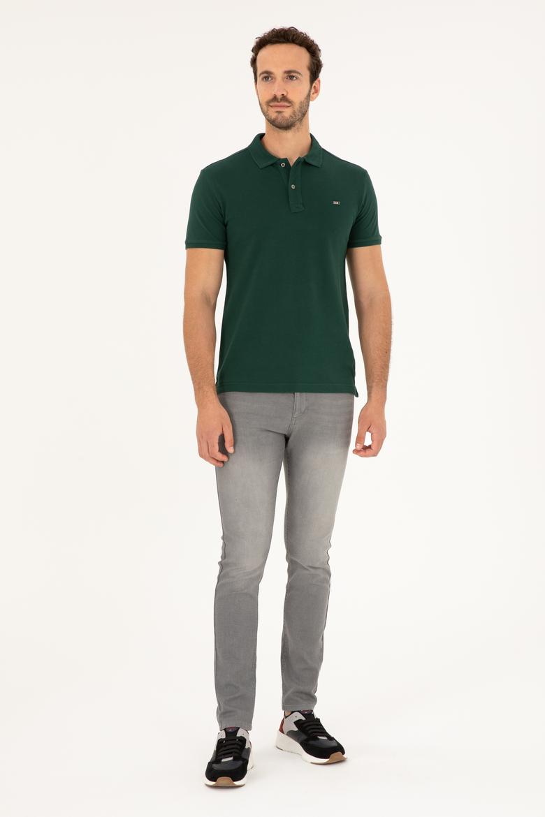Erkek Slim Fit Polo Yaka Koyu Yeşil Basic Tişört - 50279610085