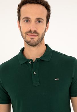 Erkek Slim Fit Polo Yaka Koyu Yeşil Basic Tişört - 50279610085