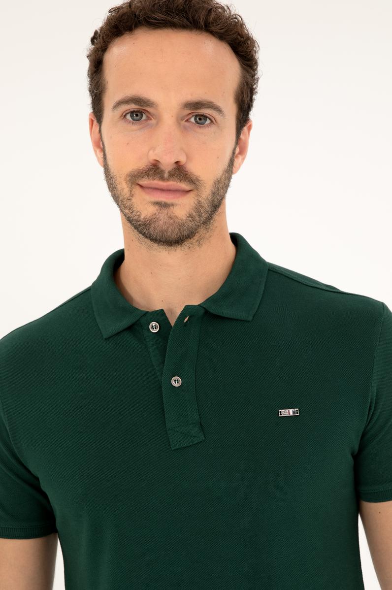 Erkek Slim Fit Polo Yaka Koyu Yeşil Basic Tişört