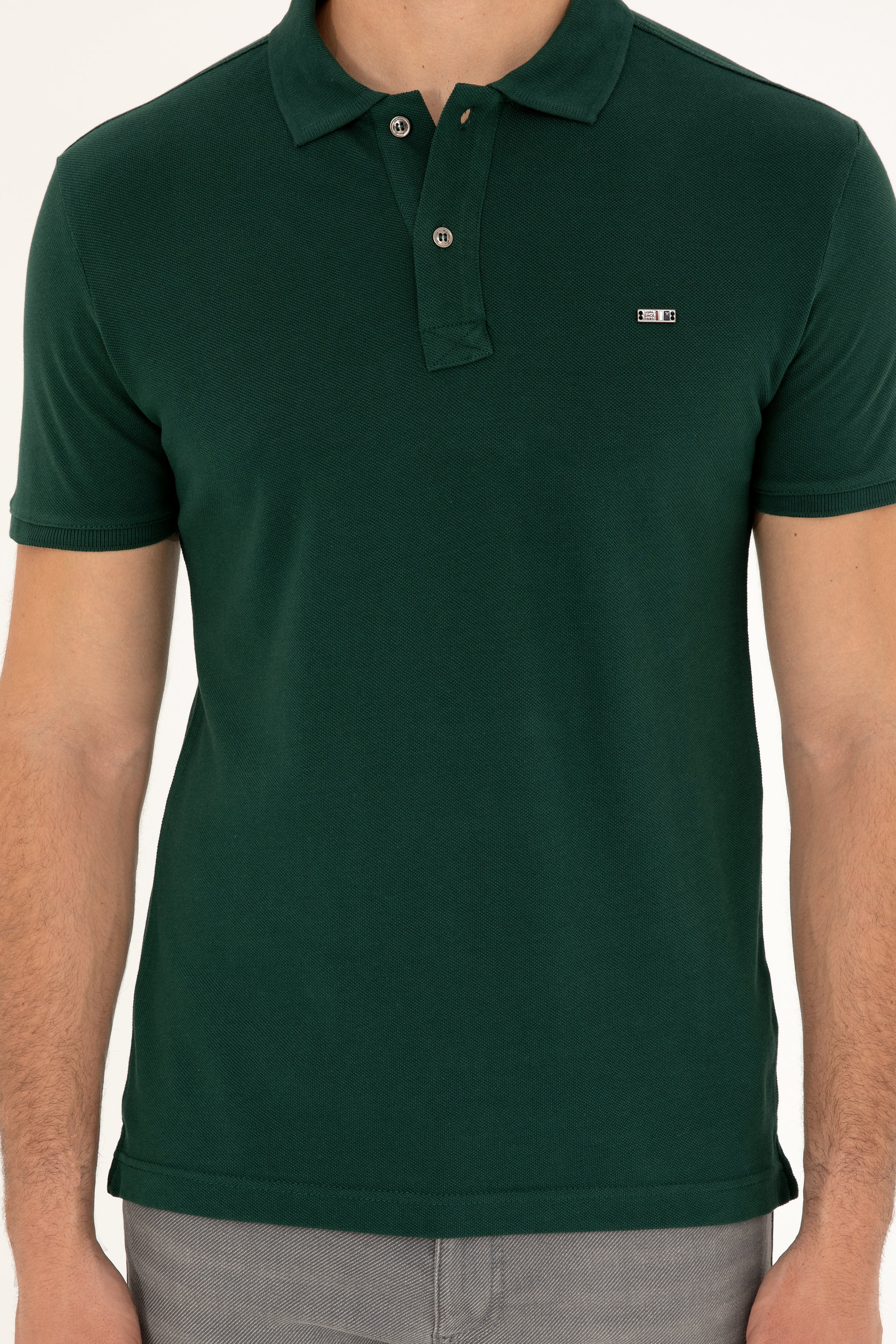Erkek Slim Fit Polo Yaka Koyu Yeşil Basic Tişört