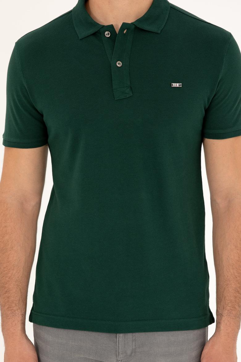 Erkek Slim Fit Polo Yaka Koyu Yeşil Basic Tişört - 50279610085
