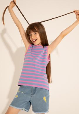 Kız Çocuk Koyu Mavi Bisiklet Yaka Kolsuz Tişört - 50288431030