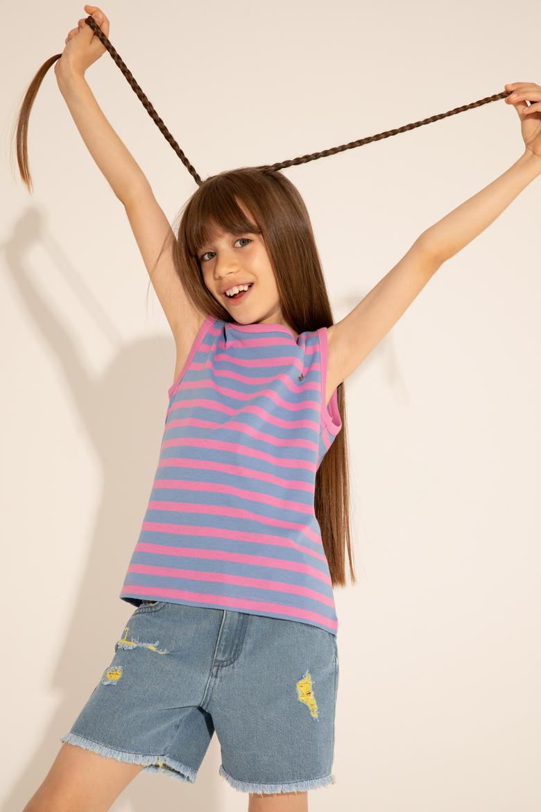 Kız Çocuk Koyu Mavi Bisiklet Yaka Kolsuz Tişört - 50288431030