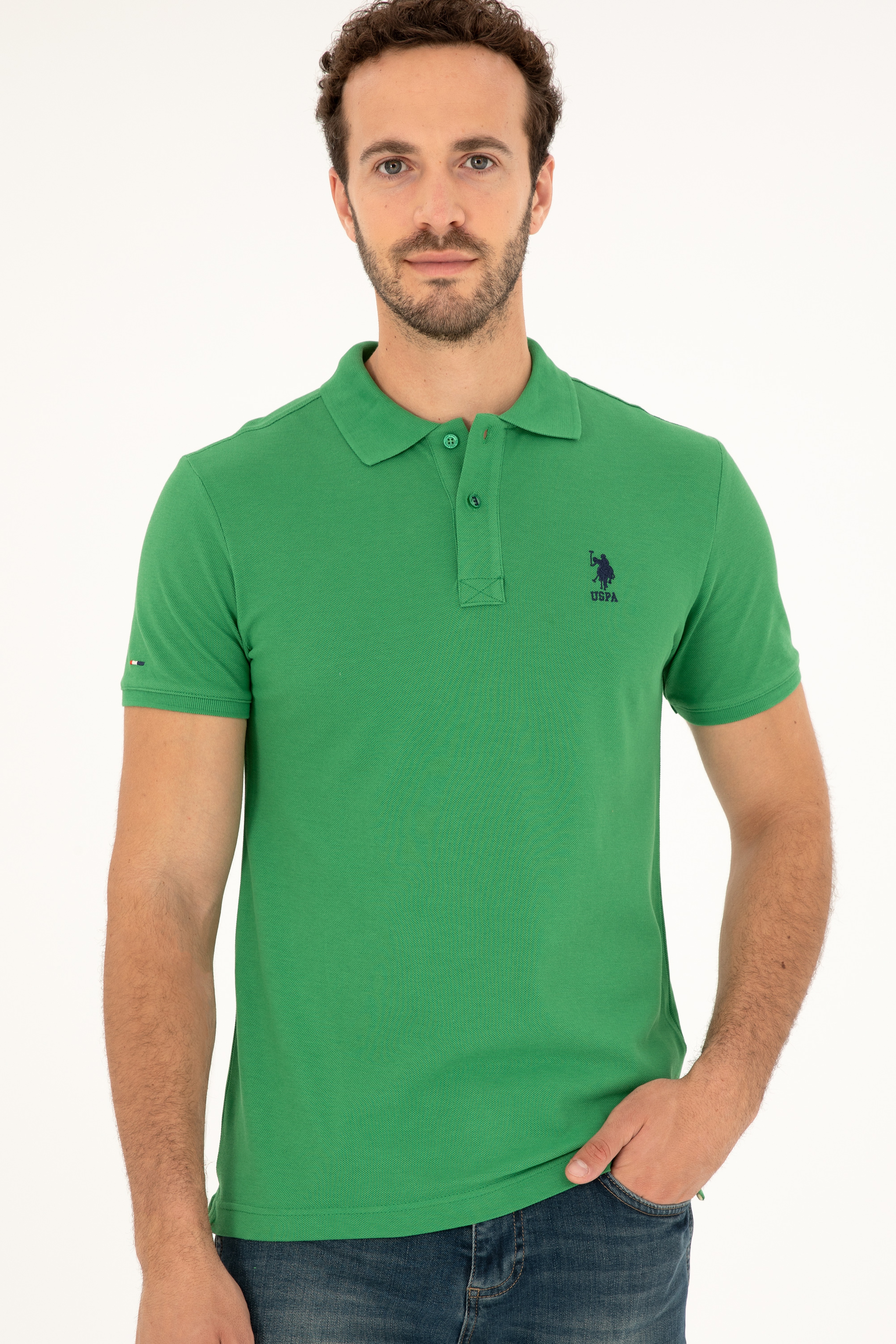Erkek Slim Fit Polo Yaka Yeşil Basic Tişört - Image 3