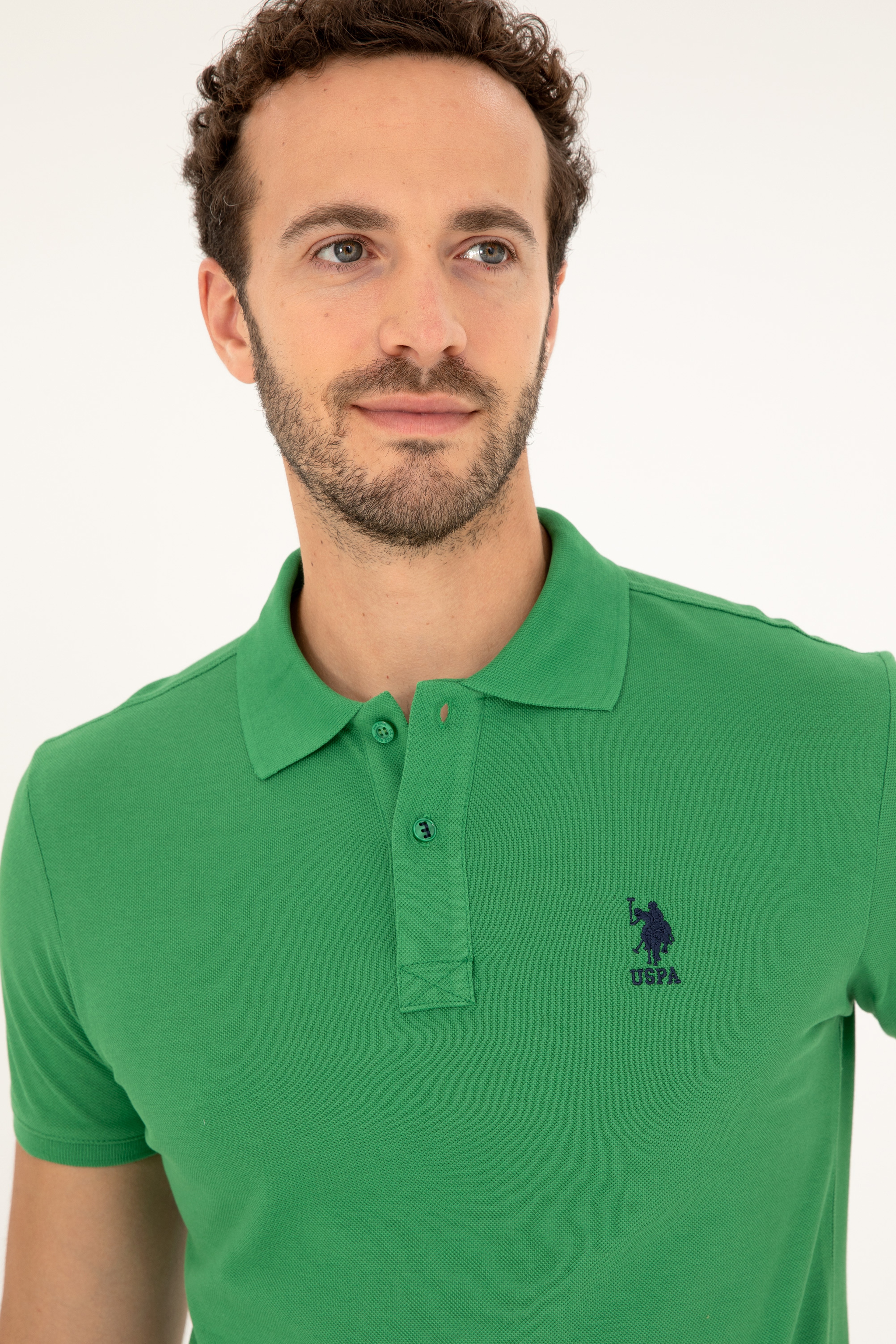Erkek Slim Fit Polo Yaka Yeşil Basic Tişört