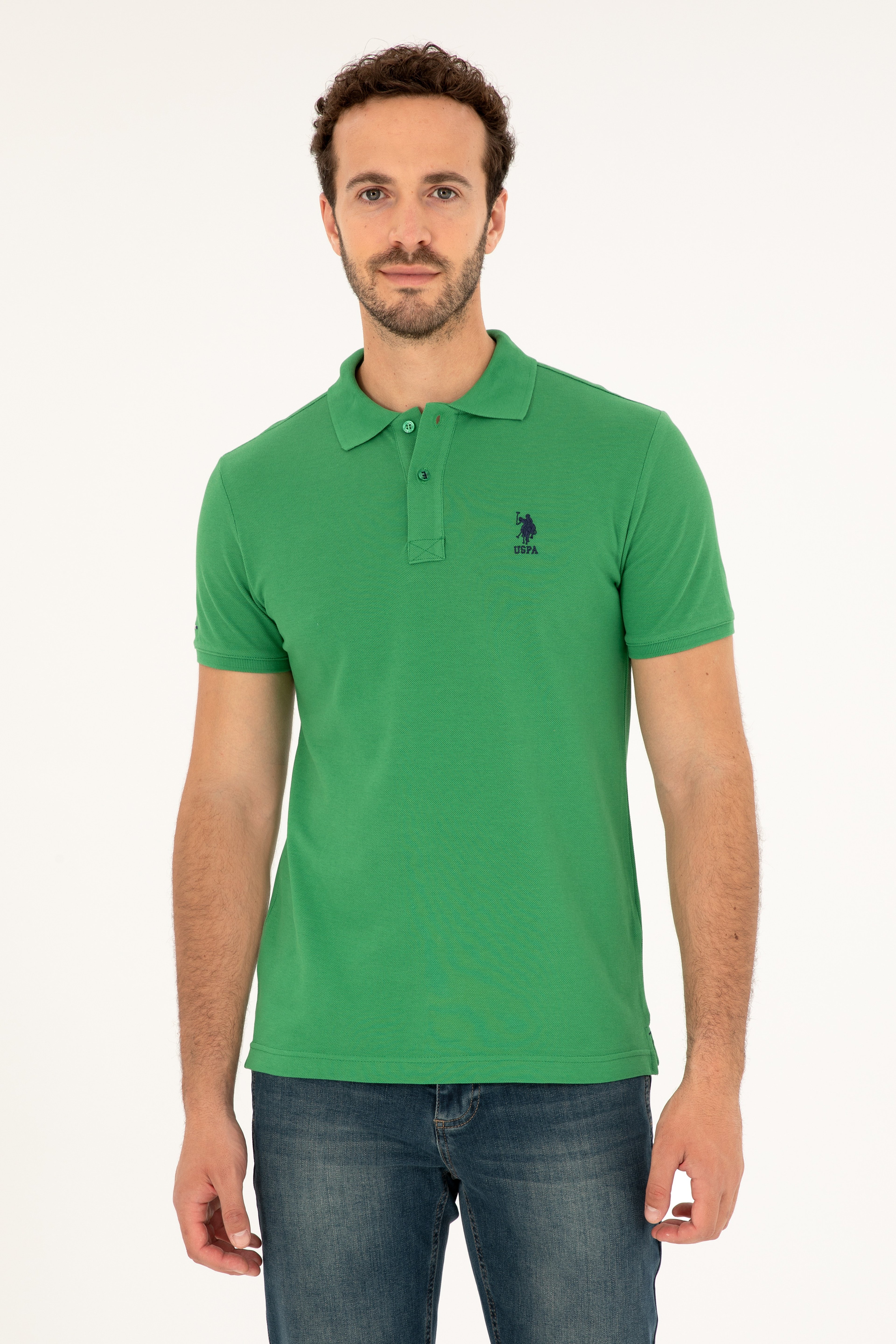 Erkek Slim Fit Polo Yaka Yeşil Basic Tişört - Image 1