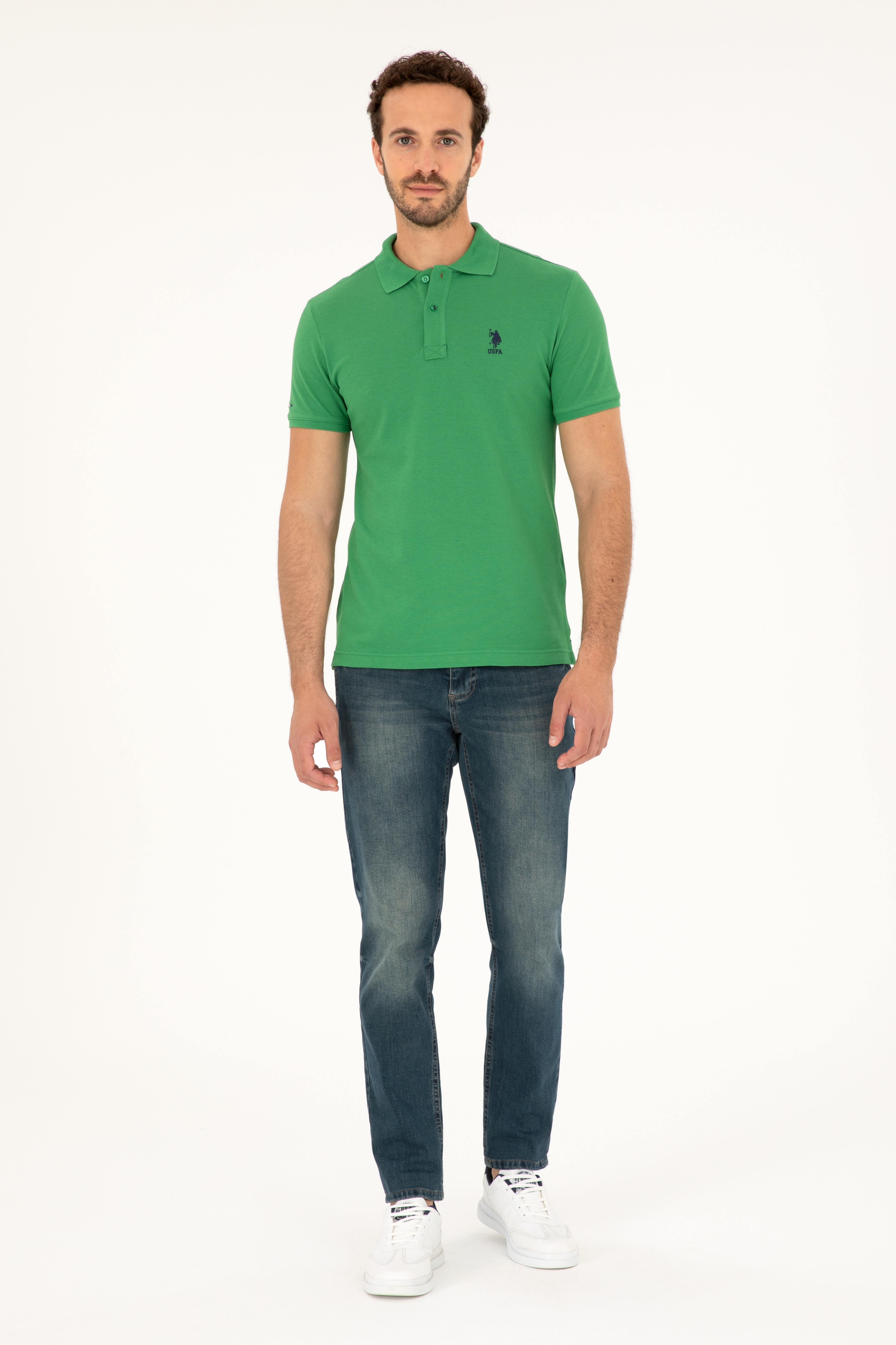 Erkek Slim Fit Polo Yaka Yeşil Basic Tişört - Image 4