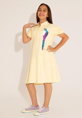 Kız Çocuk Neon Sarı Kısa Kol Dokuma Elbise - 50262735015