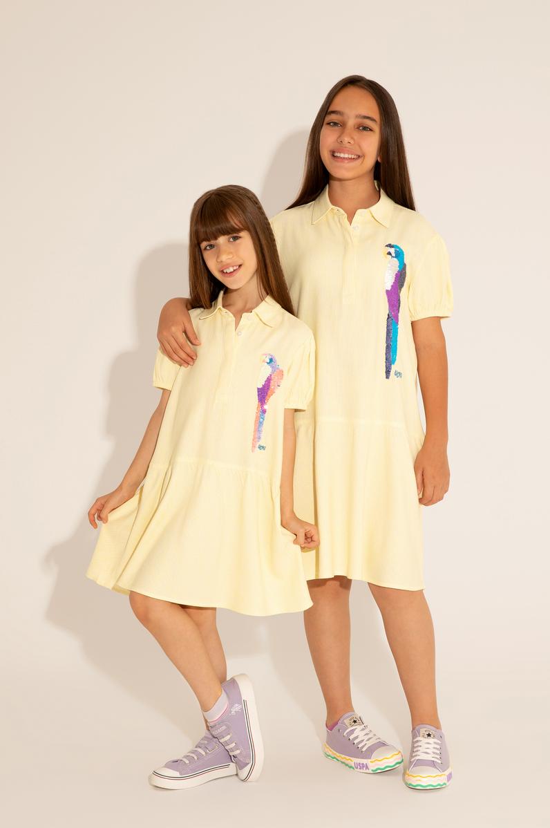Kız Çocuk Neon Sarı Kısa Kol Dokuma Elbise