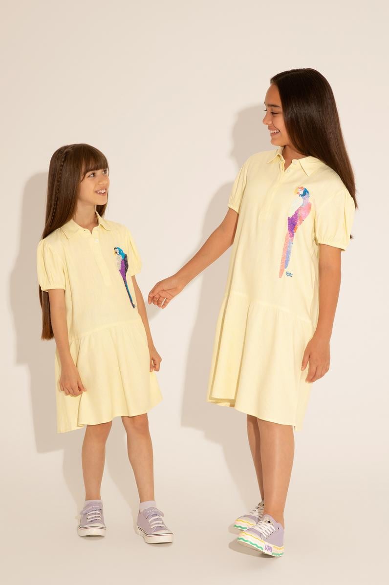 Kız Çocuk Neon Sarı Kısa Kol Dokuma Elbise