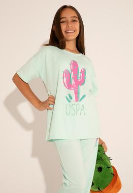 Kız Çocuk Su Yeşili Bisiklet Yaka Tişört - 50265397004