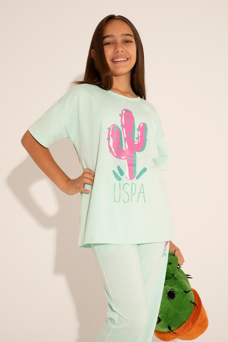 Kız Çocuk Su Yeşili Bisiklet Yaka Tişört - 50265397004