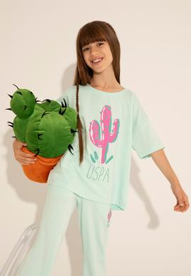 Kız Çocuk Su Yeşili Bisiklet Yaka Tişört - 50265397004