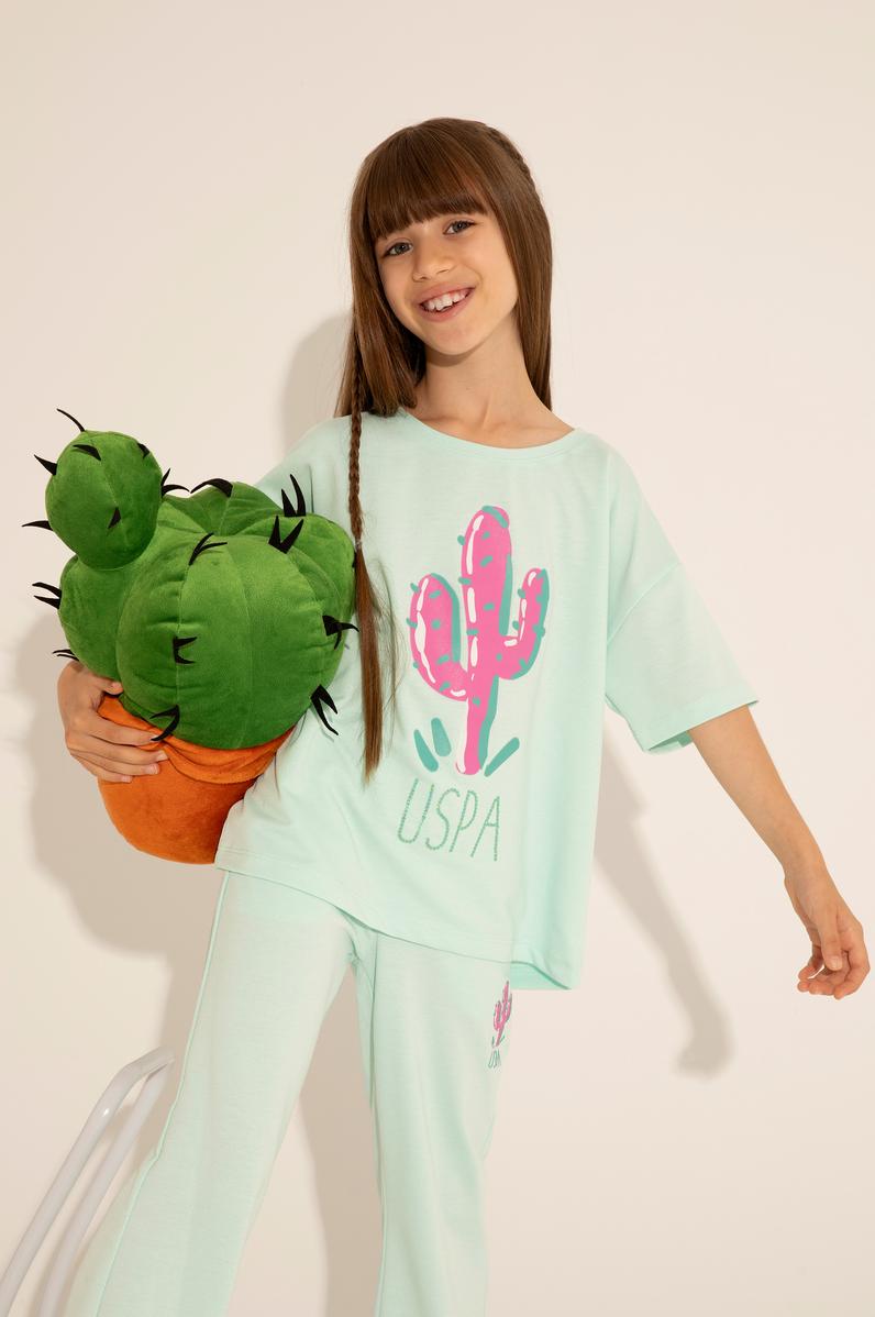 Kız Çocuk Su Yeşili Bisiklet Yaka Tişört