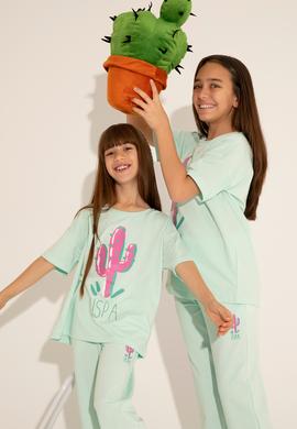 Kız Çocuk Su Yeşili Bisiklet Yaka Tişört - 50265397004