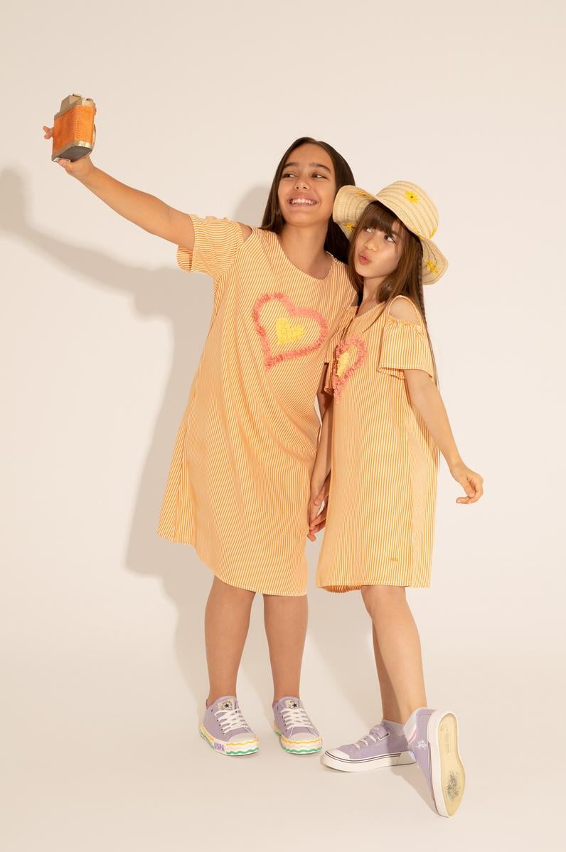 Kız Çocuk Turuncu Kısa Kol Dokuma Elbise