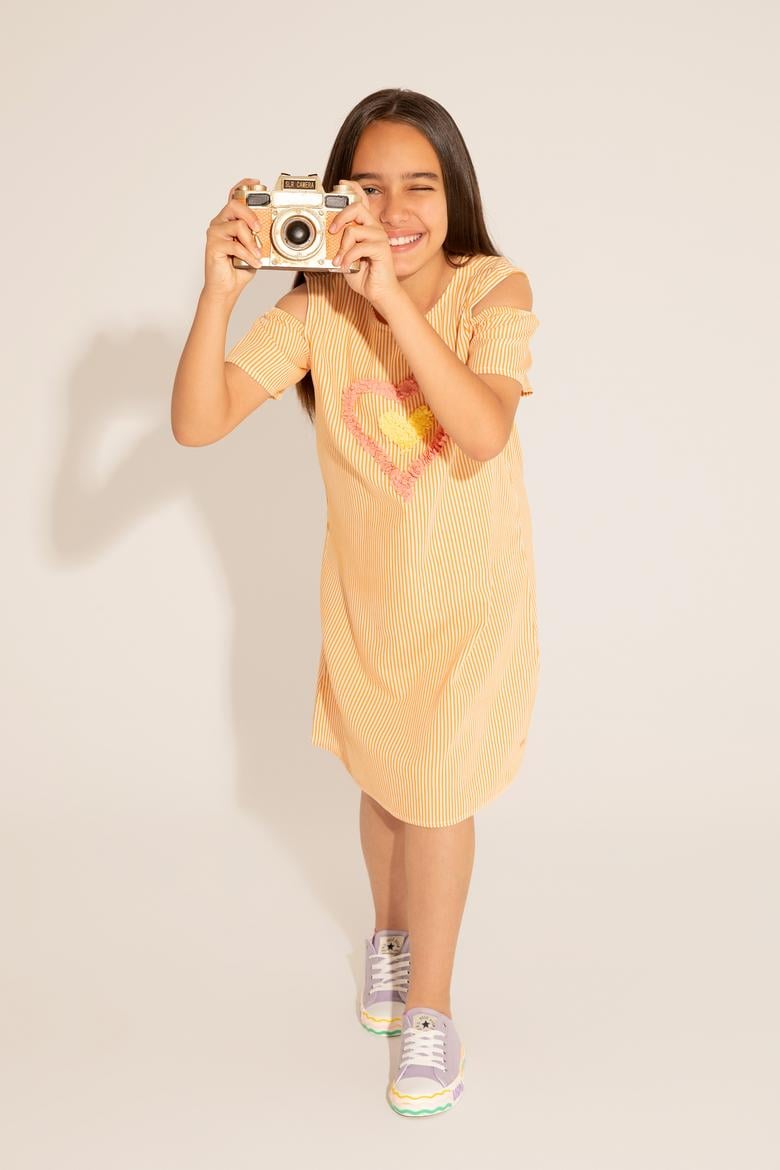 Kız Çocuk Turuncu Kısa Kol Dokuma Elbise - 50262719018