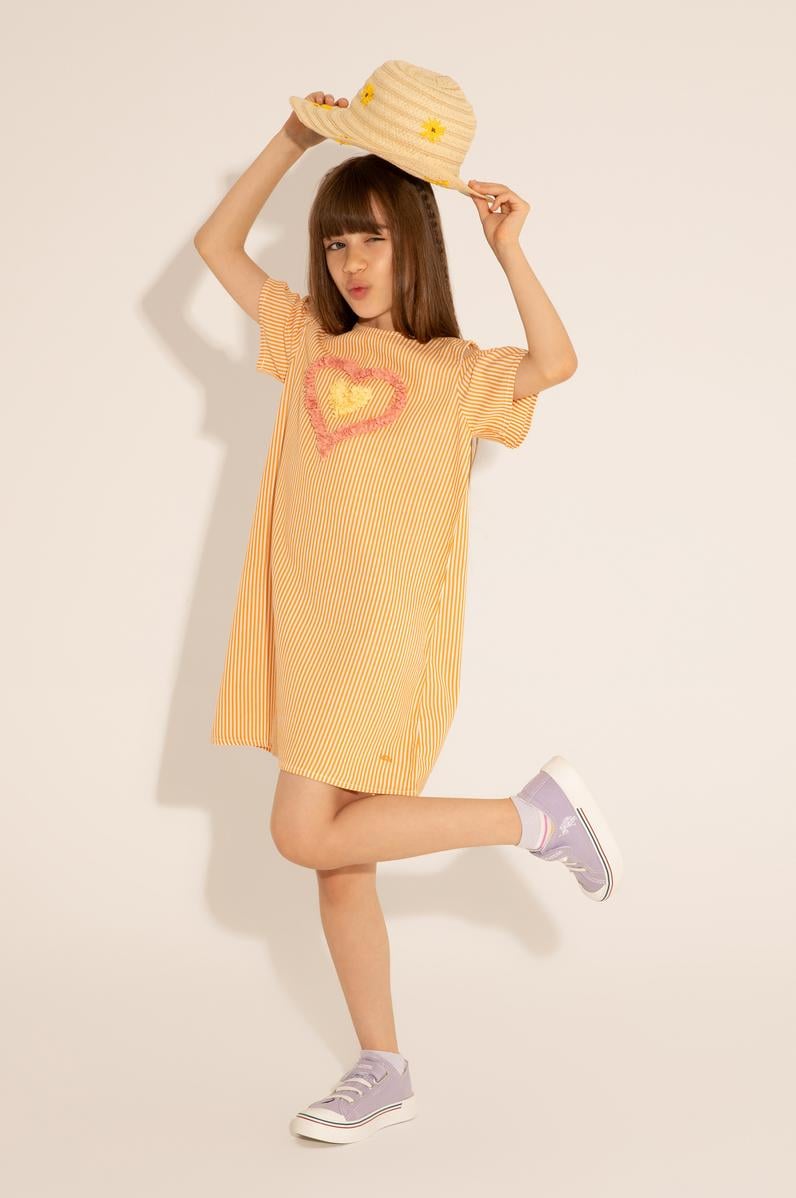 Kız Çocuk Turuncu Kısa Kol Dokuma Elbise